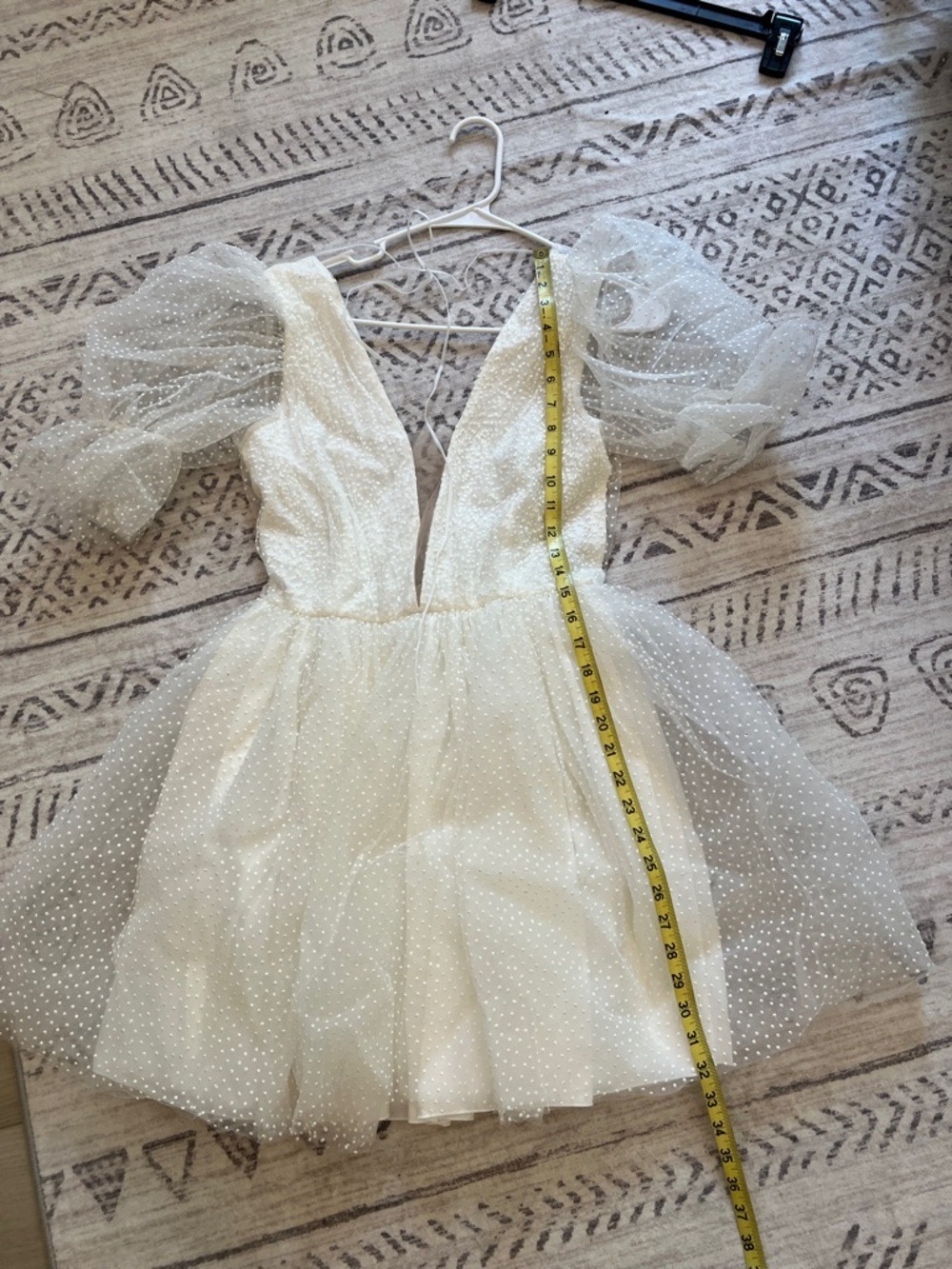 White Puff Sleeve Mini Dress with Swiss Dot Texture - Picture 5 of 8